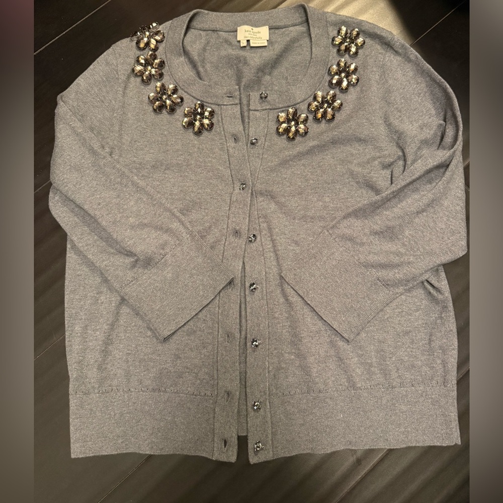 Kate spade Leni embellished cardigan gray sweater EUC size large - Picture 3 of 5